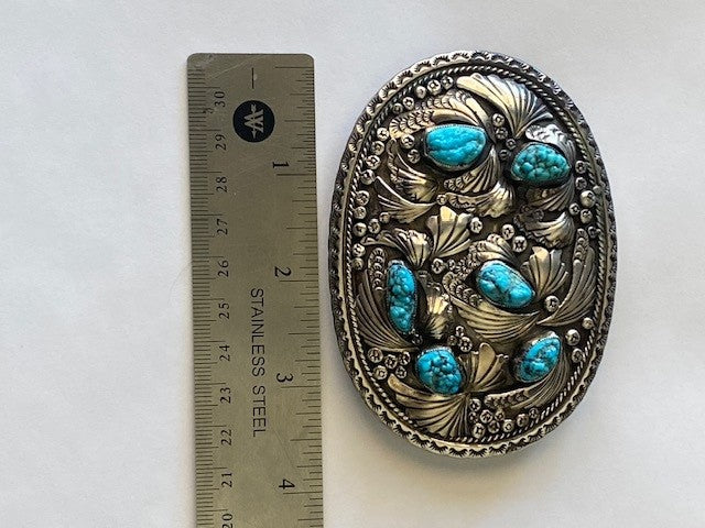 Vintage Navajo Handmade Sterling Silver Turquoise Buckle by Herbert Taylor 96g