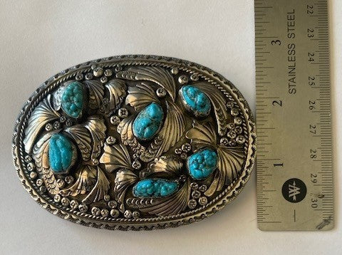 Vintage Navajo Handmade Sterling Silver Turquoise Buckle by Herbert Taylor 96g