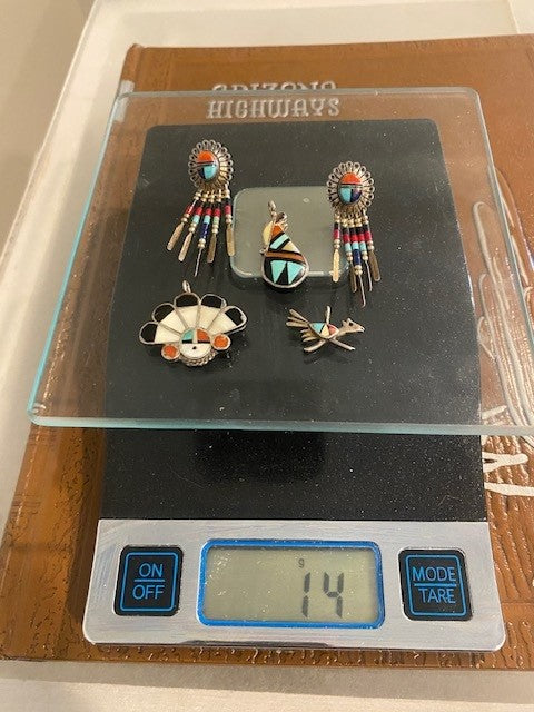 Vintage Zuni Sterling Silver Inlay Jewelry – 3 Zuni Pendants & Native American Southwestern Style Dangle Earrings