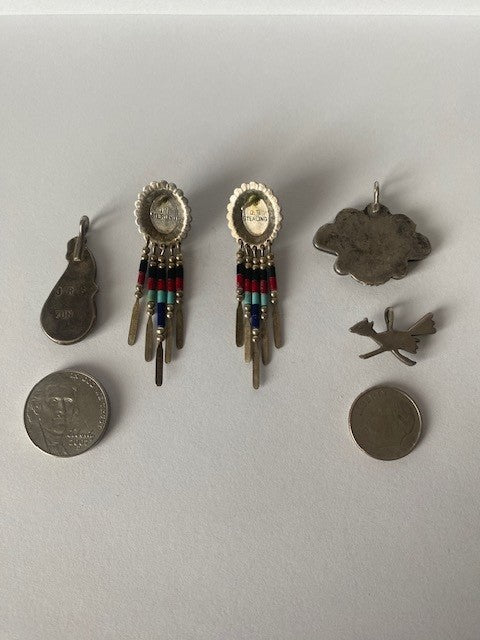 Vintage Zuni Sterling Silver Inlay Jewelry – 3 Zuni Pendants & Native American Southwestern Style Dangle Earrings