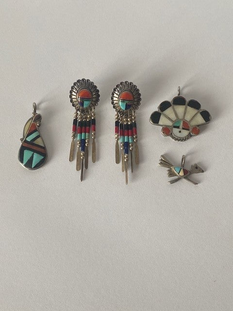 Vintage Zuni Sterling Silver Inlay Jewelry – 3 Zuni Pendants & Native American Southwestern Style Dangle Earrings
